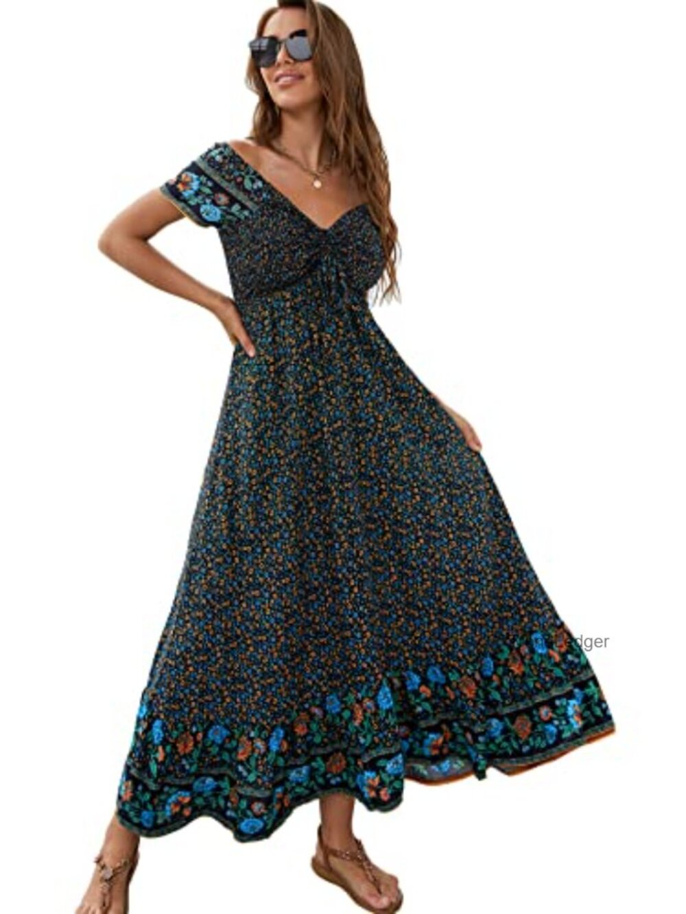 Womens Rayon Floral Smocked Maxi Dress Short Sleeve A-Line Boho Beach Party